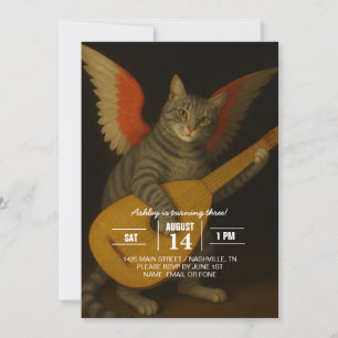 Winged Musician Cat Playing Lute Art Invitation