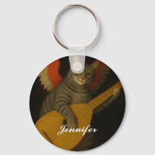 Winged Musician Cat Playing Lute Art               Keychain