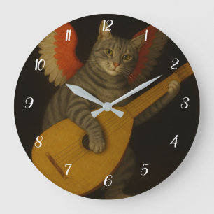 Winged Musician Cat Playing Lute Art               Large Clock