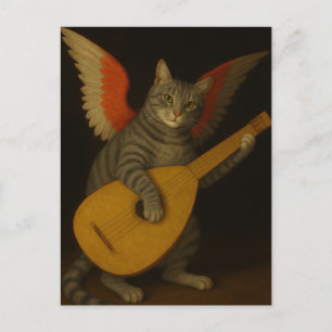 Winged Musician Cat Playing Lute Art               Postcard