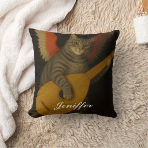 Winged Musician Cat Playing Lute Art Throw Pillow