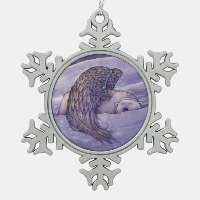 Winged Polar Bear Angel Snowflake Pewter Christmas Ornament (Front)