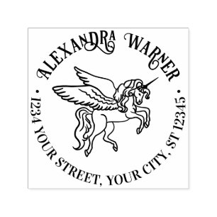 Winged Unicorn Line Art Round Name Return Address Self-inking Stamp
