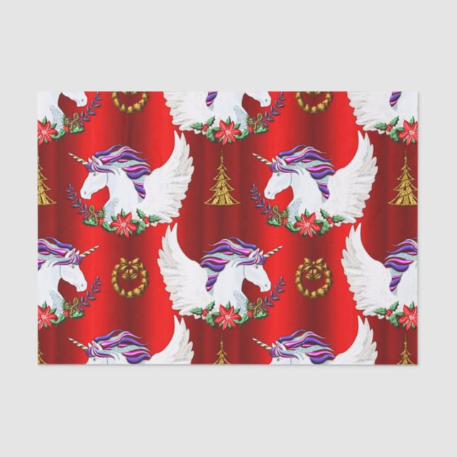 Winged Unicorn Red Christmas Tissue Paper (Front)