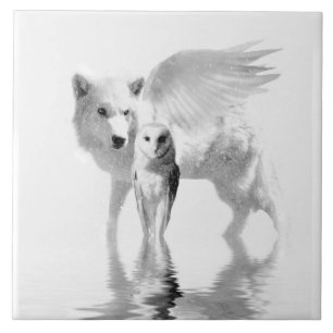 Winged Wolf and Owl Fantasy Art Tile