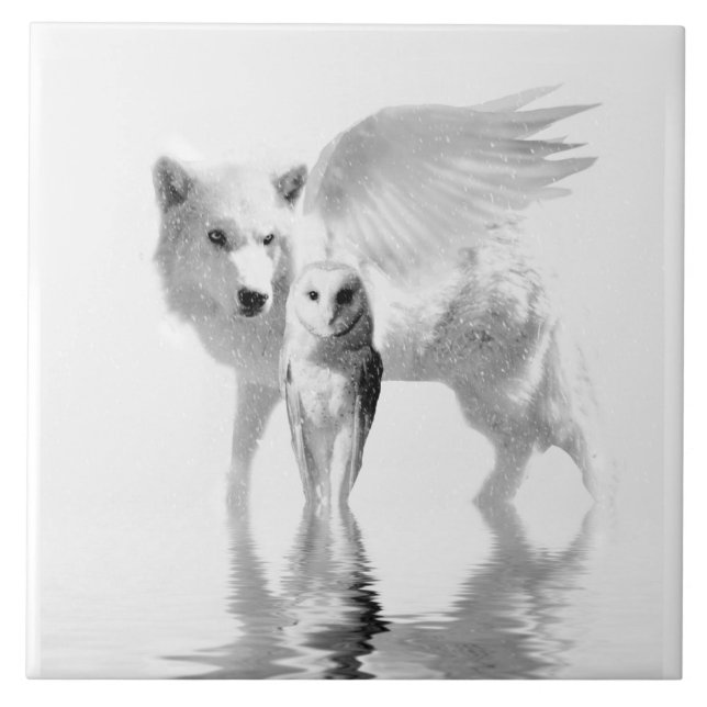 Winged Wolf and Owl Fantasy Art Tile (Front)