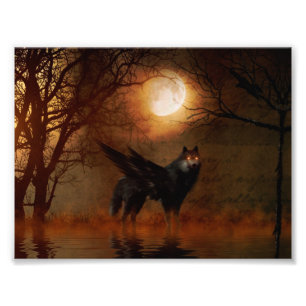 Winged wolf in the dark forest photo print