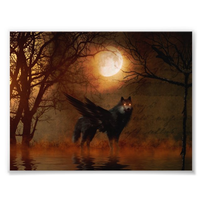 Winged wolf in the dark forest photo print (Front)