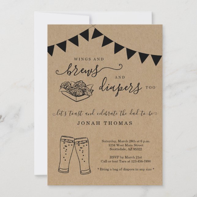 Wings and Brews and Diapers Too Men's Baby Shower Invitation (Front)