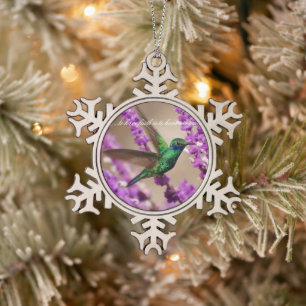 Wings of Faith Sparkling Violet-ears Hummingbird Snowflake Pewter Christmas Ornament
