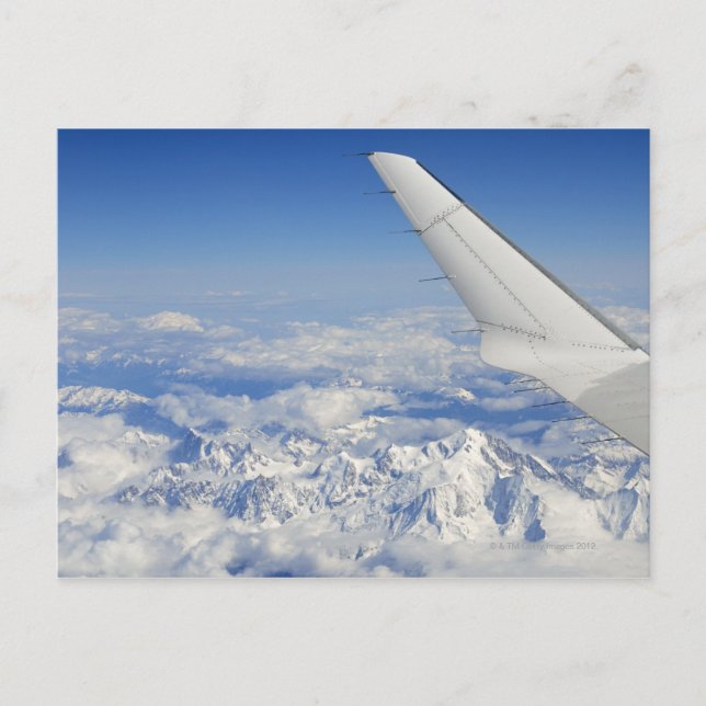Wings of flying airplane over French Alps, Postcard (Front)