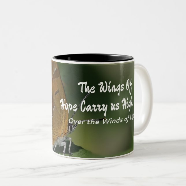 Wings of Hope Butterfly Quote Two-Tone Coffee Mug (Front Right)