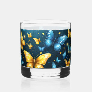 Wings of Joy: Blue and Yellow Flying Butterflies, Whiskey Glass
