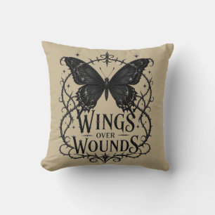 Wings Over Wounds – Gothic Black Butterfly Design Throw Pillow