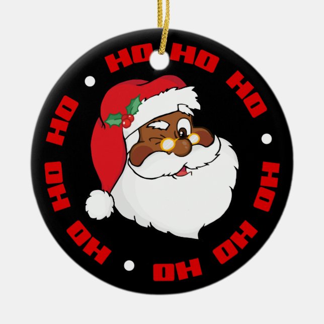 Winking Black Santa Keeping Christmas Secrets Ceramic Ornament (Front)