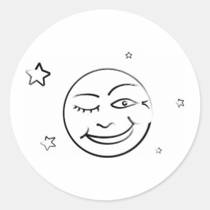 Winking Brushstroke Moon and Stars Classic Round Sticker