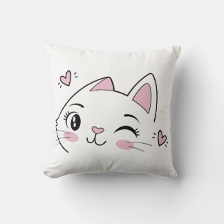 Winking Cat Face Throw Pillow – Cute Kitty with He