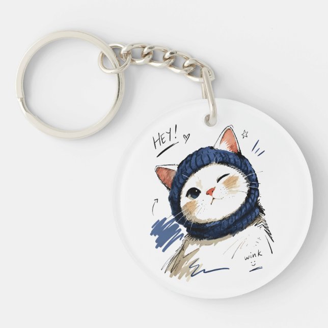 Winking Cat with Cozy Knit Scarf Keychain (Front)
