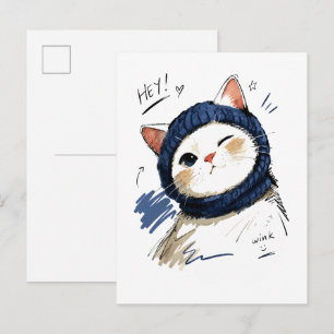 Winking Cat with Cozy Knit Scarf Postcard