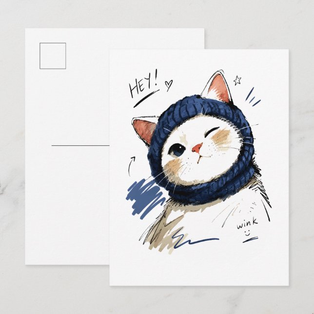 Winking Cat with Cozy Knit Scarf Postcard (Front/Back)
