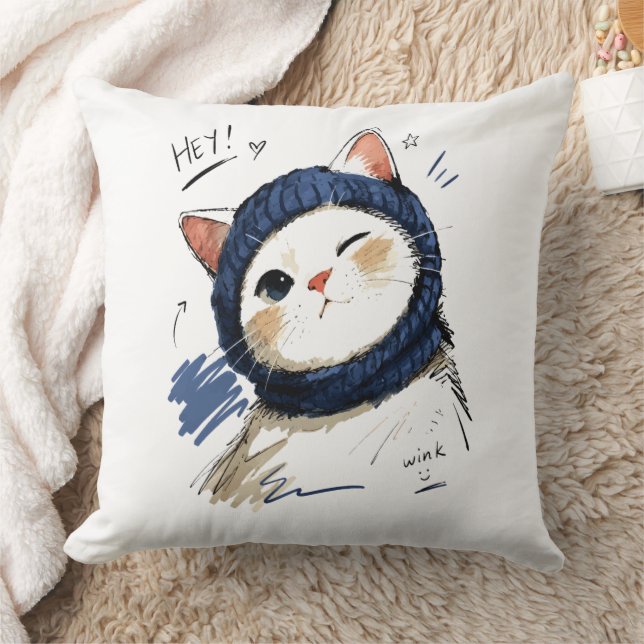 Winking Cat with Cozy Knit Scarf Throw Pillow (Blanket)