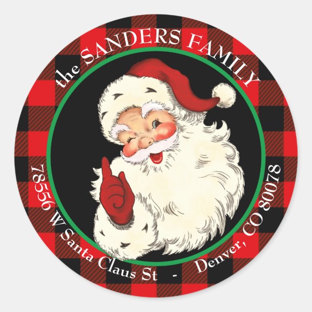 Winking Classic Santa Claus Buffalo Plaid Frame Round Sticker (Front)