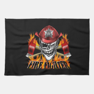 Winking Firefighter Skull and flaming Axes Kitchen Towel