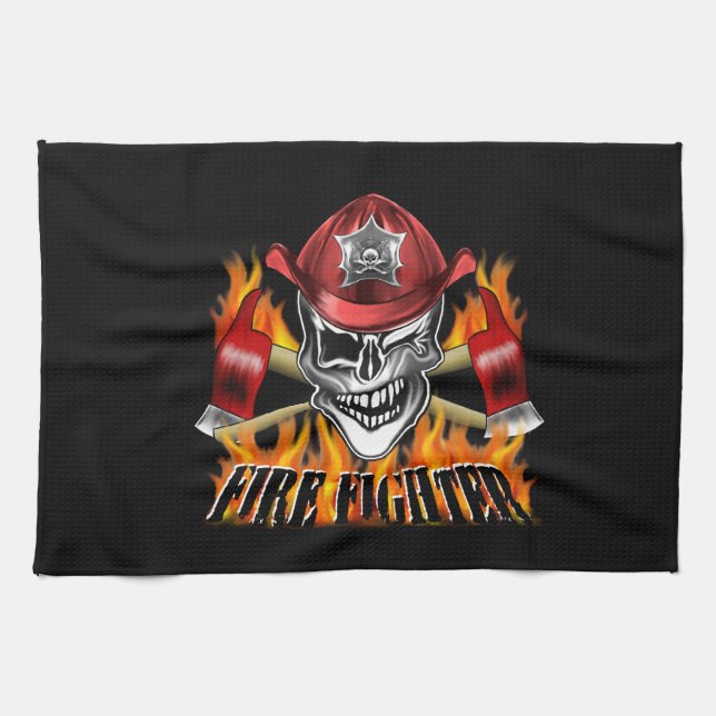 Winking Firefighter Skull and flaming Axes Kitchen Towel (Horizontal)