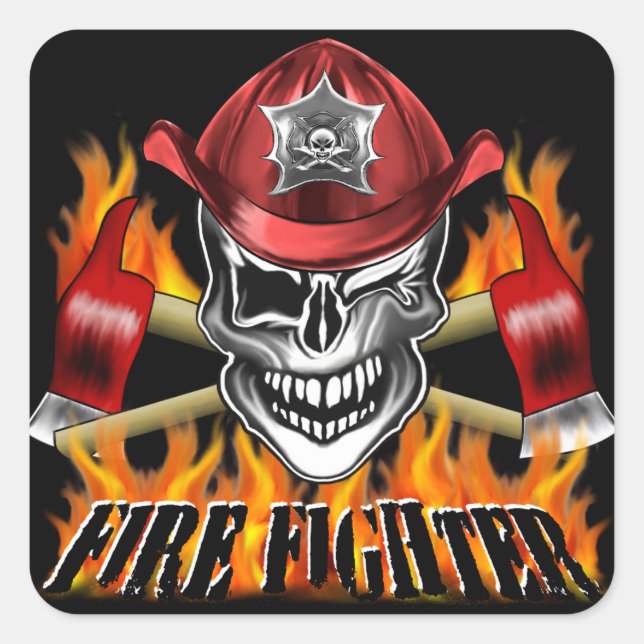 Winking Firefighter Skull and flaming Axes Square Sticker (Front)