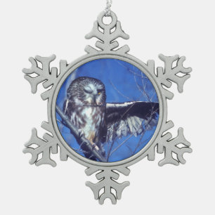 Winking owl snowflake pewter christmas ornament