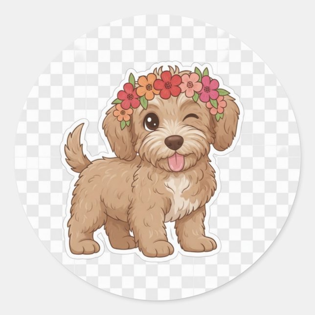 Winking Puppy Flower Crown Sticker - Cutest Doodle (Devant)