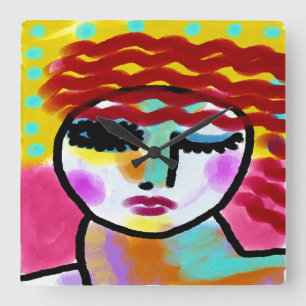Winking Red Haired Woman Abstract Art  Square Wall Clock