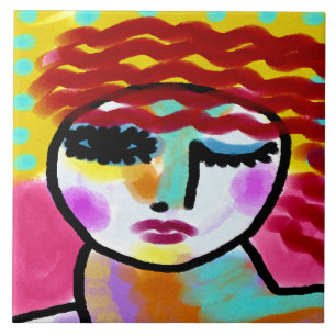 Winking Red Haired Woman Original Abstract Art Tile