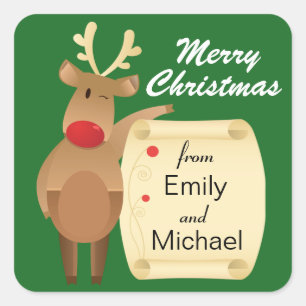 Winking Reindeer Personalized Christmas Square Sticker