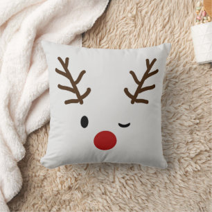 Winking Reindeer Plaid Christmas Throw Pillow