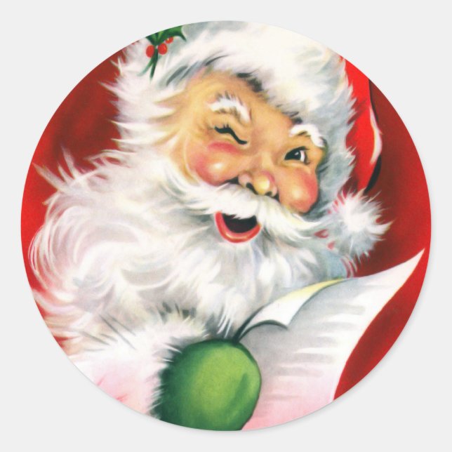 Winking Santa Christmas List Classic Round Sticker (Front)