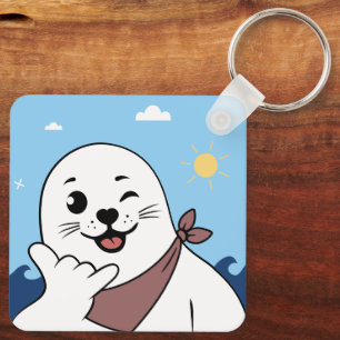 Winking Seal Wearing a Bandana Throwing Shaka Sign Keychain