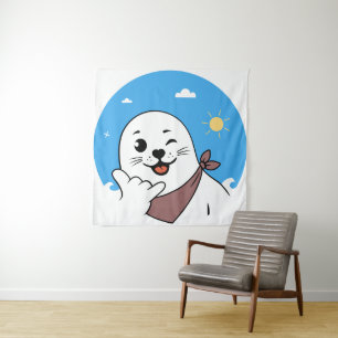 Winking Seal Wearing a Bandana Throwing Shaka Sign Tapestry