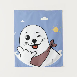 Winking Seal Wearing a Bandana Throwing Shaka Sign Tapestry