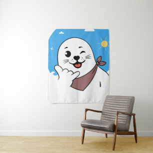 Winking Seal Wearing a Bandana Throwing Shaka Sign Tapestry