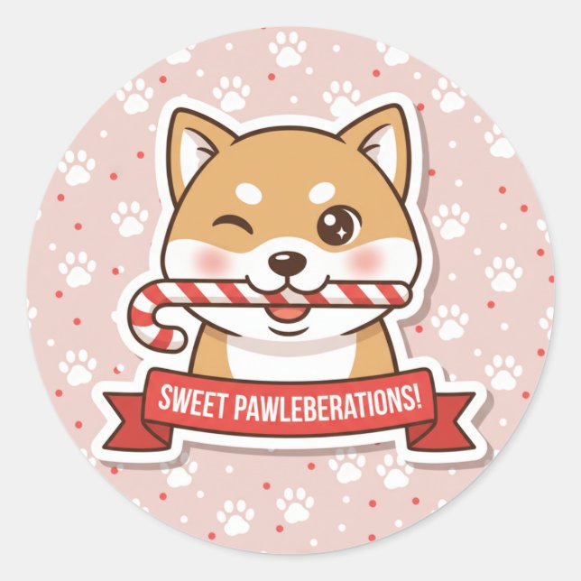 Winking Shiba Inu Candy Cane Sticker (Front)