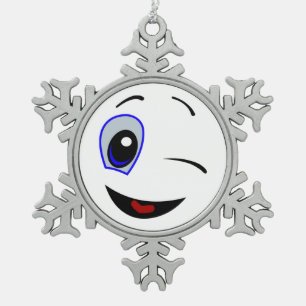 WINKING SMILEY FACE SNOWFLAKE PEWTER CHRISTMAS ORNAMENT