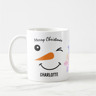 Winking Snowman's Face, Snowflake, Merry Christmas Coffee Mug