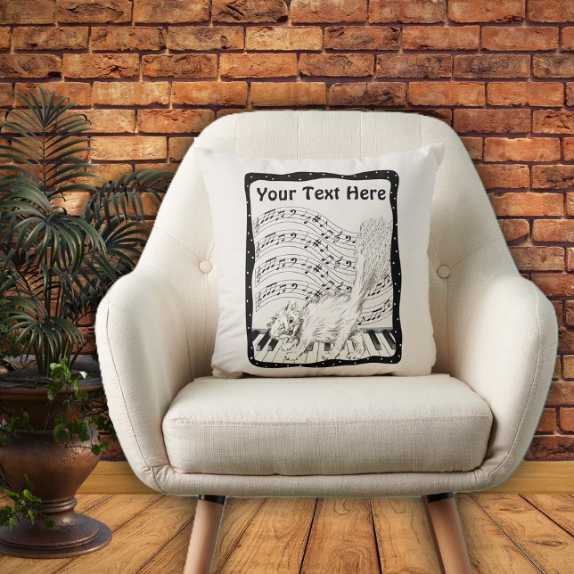 Winking White Cat on Piano Music Note Bars Frame Throw Pillow (White Winking cat on piano bars of music notes in black and white frame on decorative pillow.)