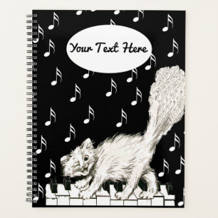 Winking White Cat Walking on Piano Keys Music Note Planner