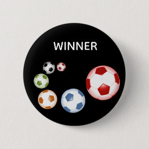 Winner Soccer (Football) Balls on Black 2 Inch Round Button