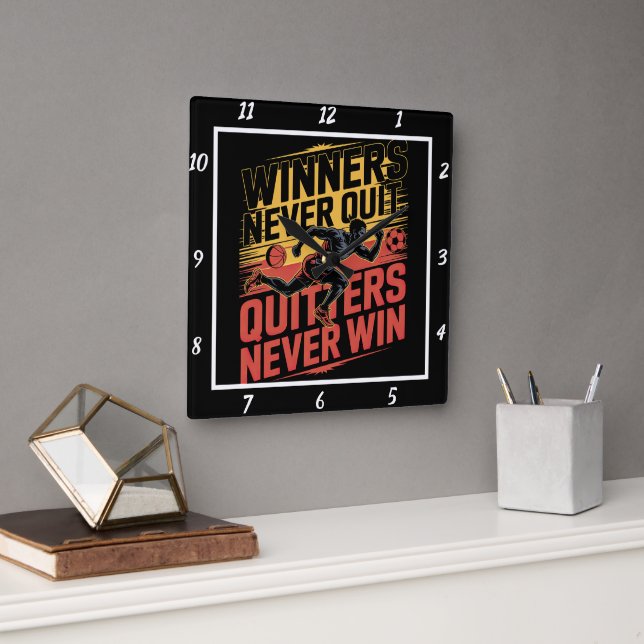 Winners Never Quit Soccer Player Square Wall Clock (Office)