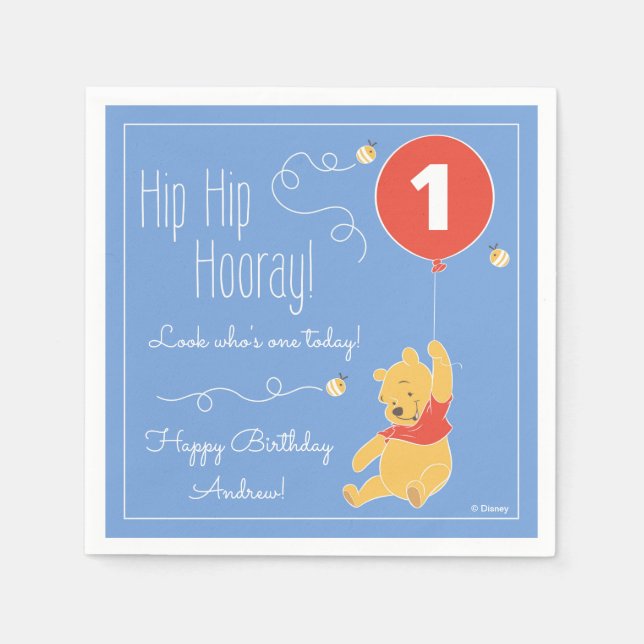 Winnie the Pooh Balloon | Boy - First Birthday Napkin (Front)