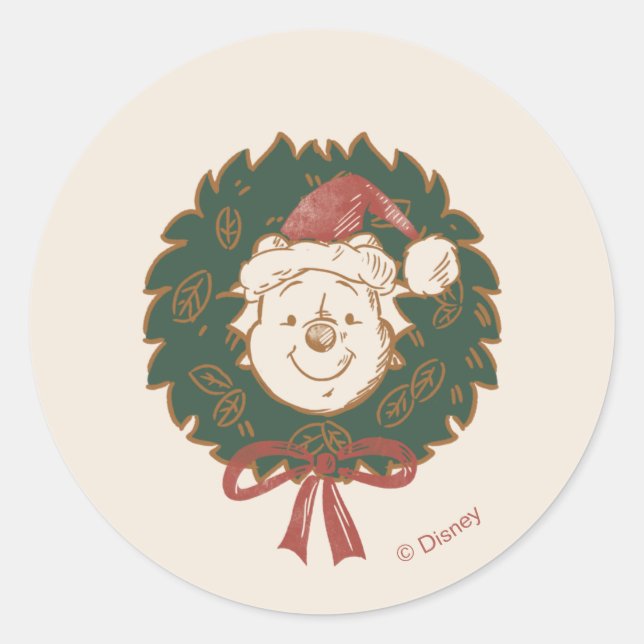 Winnie the Pooh Christmas Wreath Classic Round Sticker (Front)