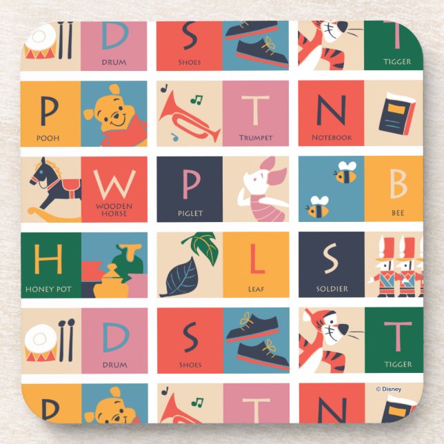 Winnie the Pooh | Cute Block Alphabet Pattern Coaster (Front)